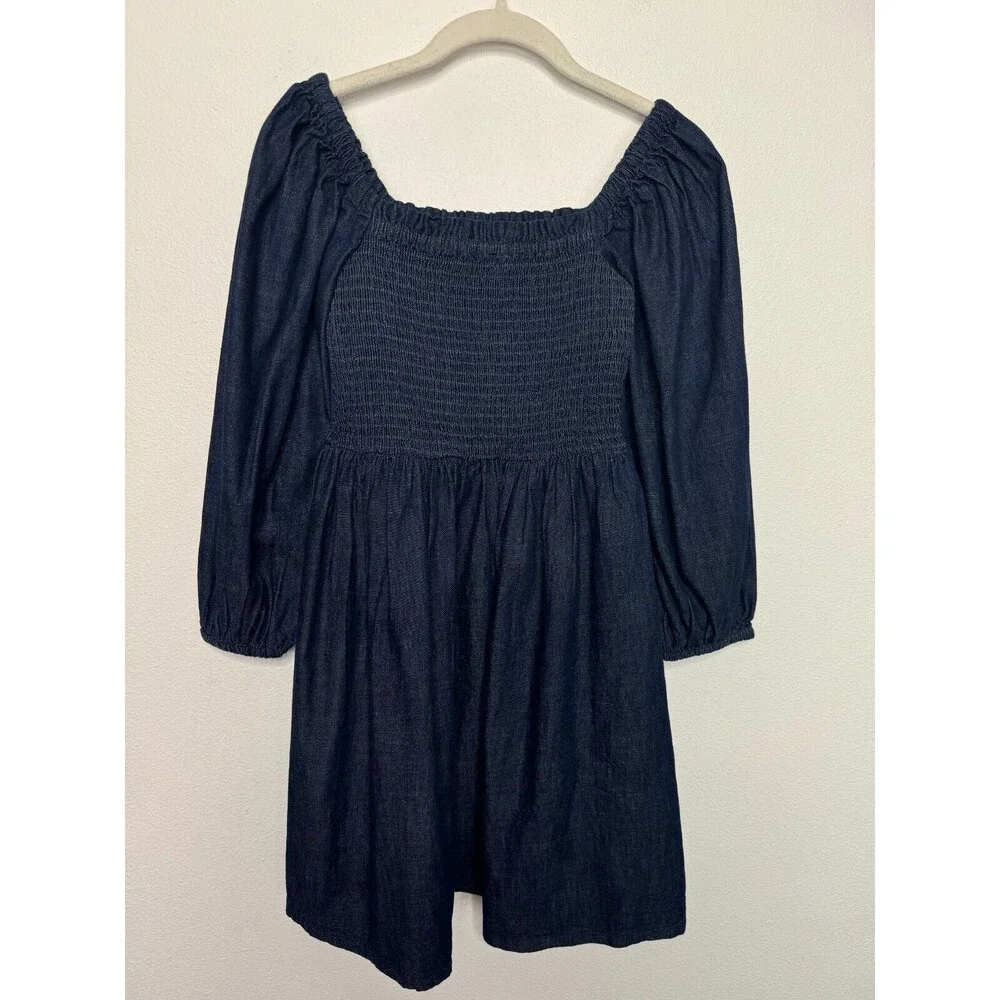 J. Crew XXS Smocked Puff Sleeve Mini Dress In Chambray Blue 100% Cotton NWT